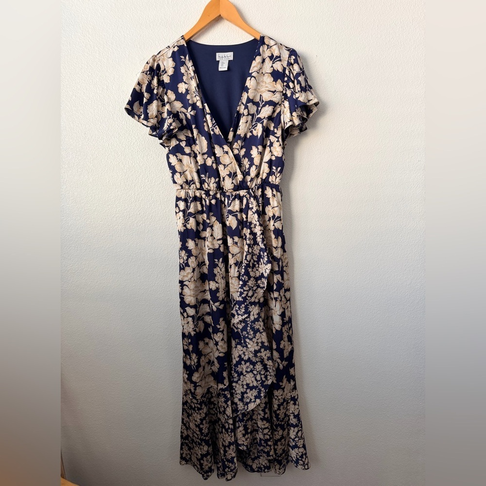 Nicole Miller Floral Satin Wrap Midi Dress Blue Church Brunch Size Small Woman’s